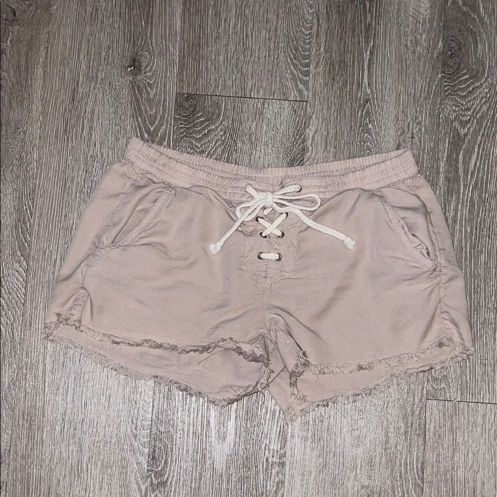 Aerie Lace-Up Shorts in Tan pull on soft light weight summer medium